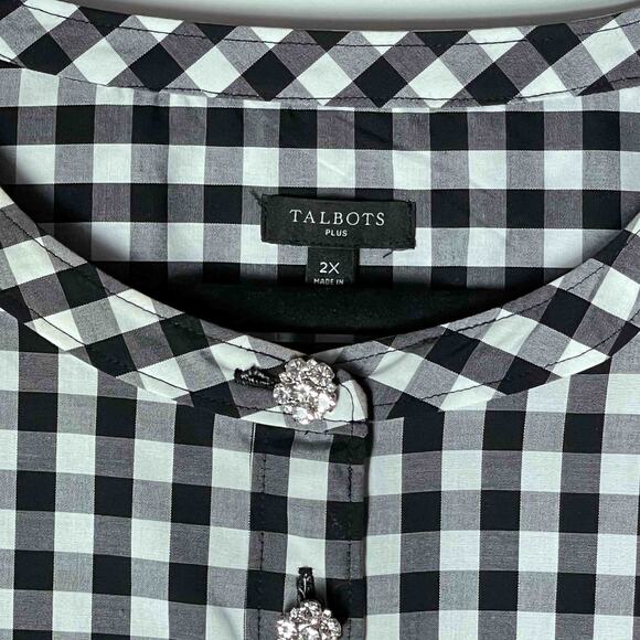 Talbots Plus 2X Black White Gingham Stretch Cotton Blouse w/ Rhinestone Buttons - Picture 4 of 7